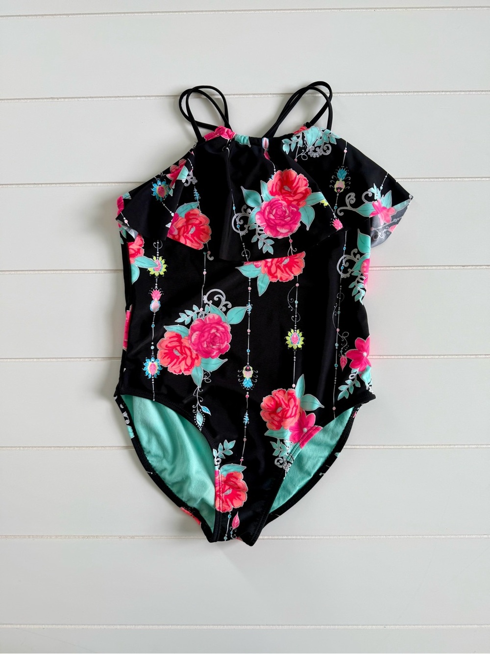wonder nation Girls Aqua Swim Top with Black Straps and Pink Accent